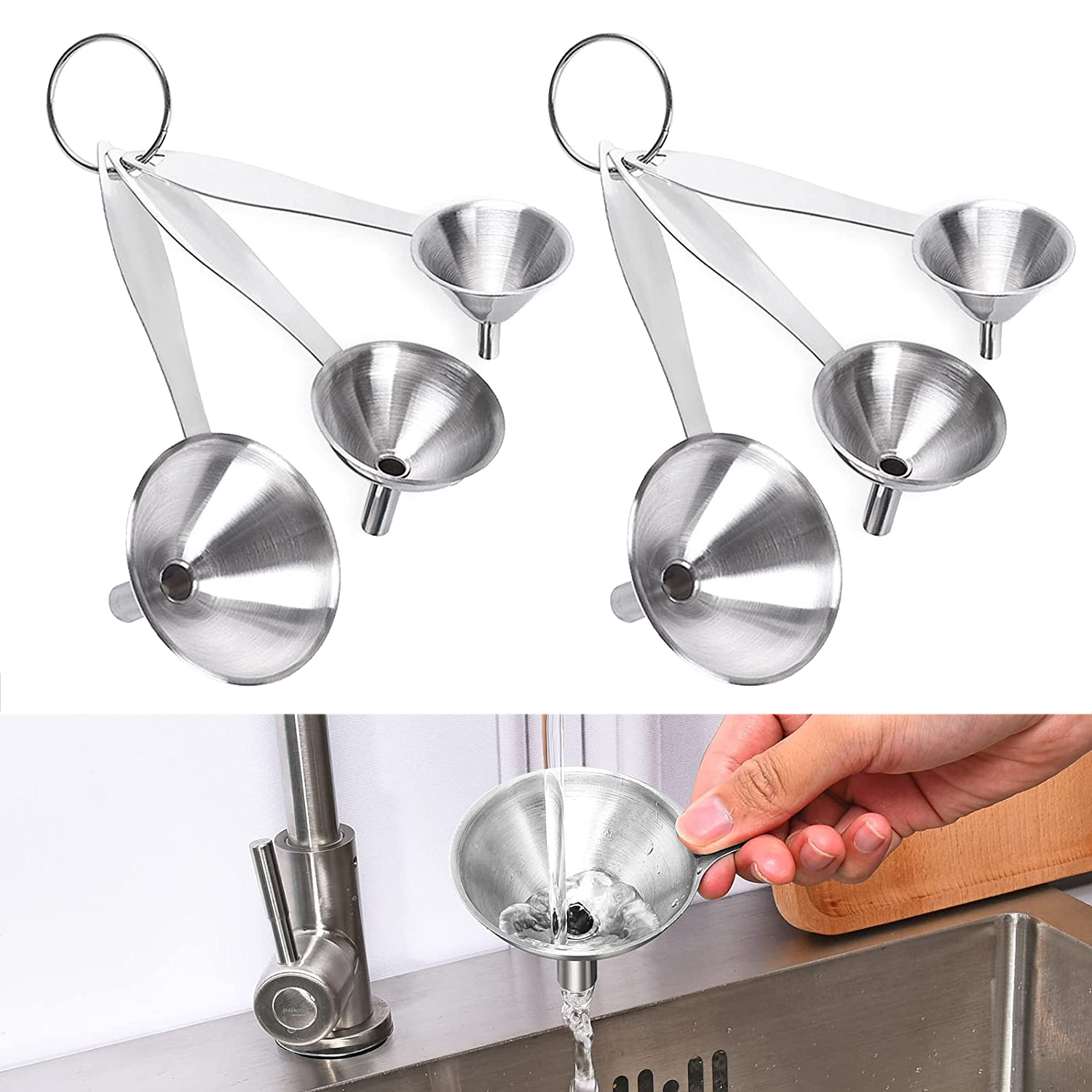 2Pack 3 in 1 Metal Funnels for Filling Bottles Stainless Steel Small  Kitchen Funnel Set for Transferring Essential Oils Liquid Fluid Spice Dry  Ingredients Powder, Durable and Dishwash Safe 